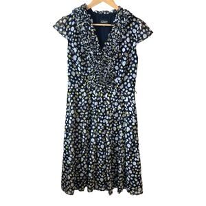 Adrianna Papell Cap Sleeve Ruffle Womens Polka Dot Dress Navy/White/Yellow 8